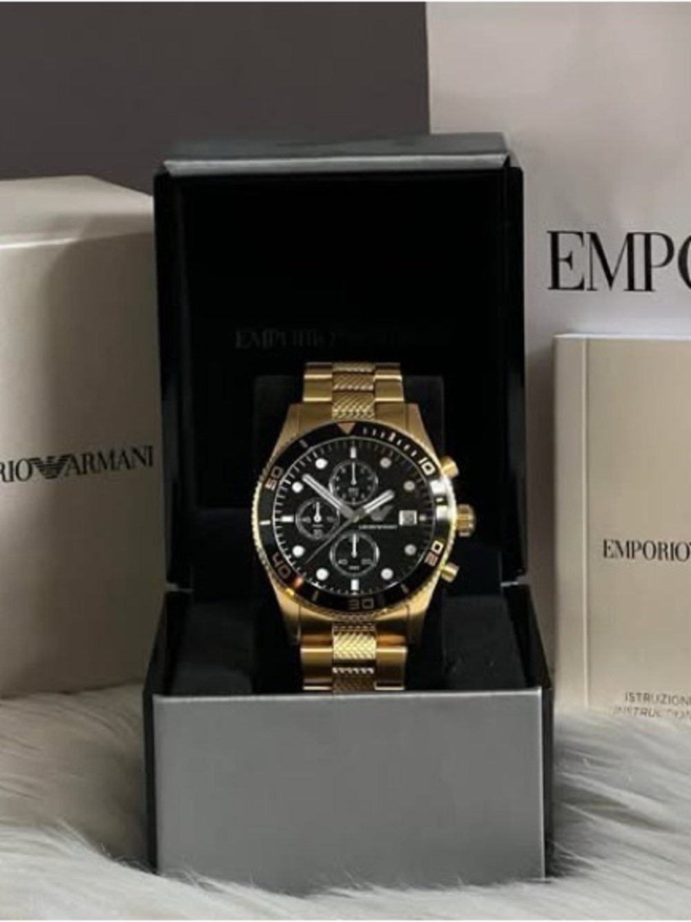 Emporio Armani Gold and Black Chronograph Bracelet Watch